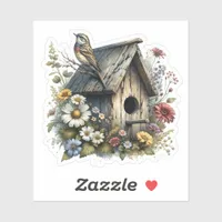 Pretty Watercolor Rustic Birdhouse and Bird Sticker