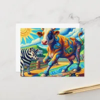 Funny Colorful Cow Skateboarding Postcard