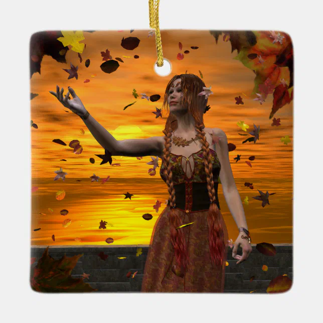 Elf in Falling Leaves Against an Autumn Sunset Ceramic Ornament