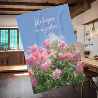 Pink rose bush under blue sky, custom  kitchen towel