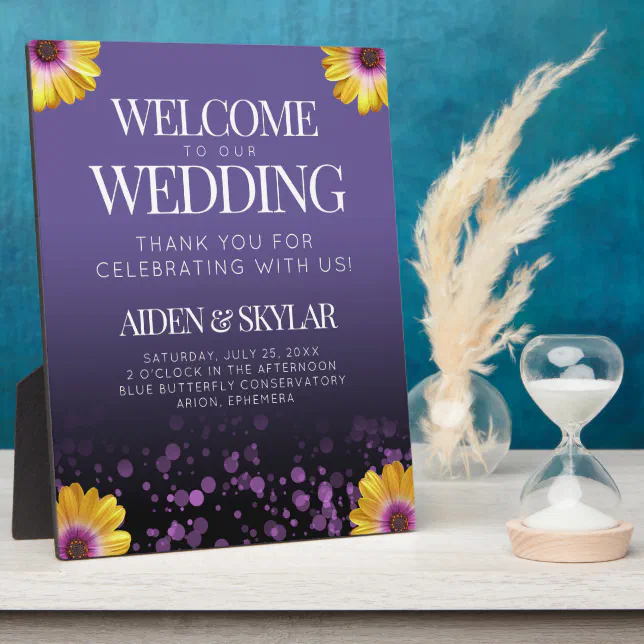 Elegant Daisies Purple Glitter Wedding Welcome Plaque