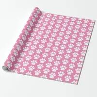 Pretty Pink White Pet Dog Paw Print Pattern Wrapping Paper