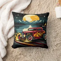 Vintage hot rod races under a glowing full moon throw pillow