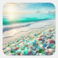 Beautiful Ocean Waves and Sea Glass Square Sticker