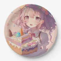 Anime Girl Piece of Cake Whimsical Birthday Paper Plates