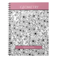 Floral Black White Pink Name School Subject Notebook