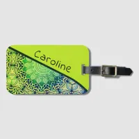 Lime Green and Blue Whimsical Boho Mandala Art Luggage Tag