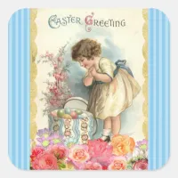 Happy Easter Vintage Girl and Egg Basket Stickers