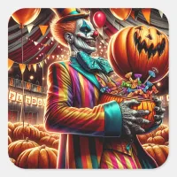 Scary Clown with Jack O' Lantern Halloween Square Sticker