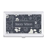 Navy And White Paw Print Pattern Business Card Case