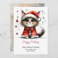 Whimsical Cute Cat in a Santa Hat Happy  Holiday Card