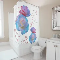 Water Droplets on Pink & Blue Roses on White | Shower Curtain