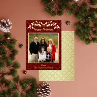 Happy Holidays Family Photo Name Red Gold Foil Holiday Card
