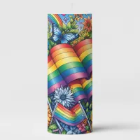 LGBTQIA+ Pride Flags, Rainbows, Flowers Pillar Candle