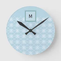 Monogrammed Elegant Blue Stylish Winter Snowflakes Round Clock