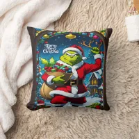 Festive Grinch with gifts at the door Throw Pillow