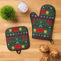 Futuristic Festive: Ugly Red Snowflake Pattern Oven Mitt & Pot Holder Set