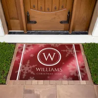 Festive Red Foil Snowflakes Monogram Name Doormat