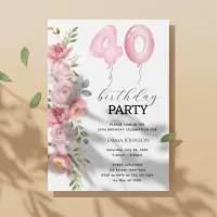 Pink  Peony Floral Balloon 40th Birthday Party  Invitation