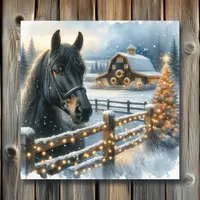 Beautiful Festive Black Horse on Farm Christmas Poster