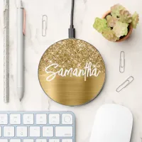 Glittery Gold Glam Brush Script Name Wireless Charger