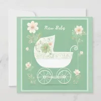 Elegant Mint Green Pretty Pram Flowers New Baby Card