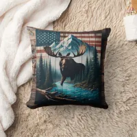 Majestic Moose Against American Flag Background Throw Pillow