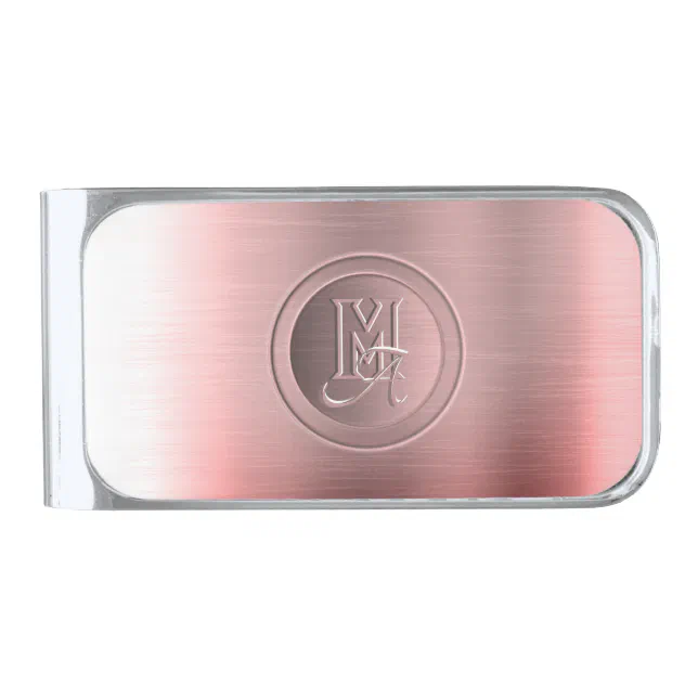 Metallic Pink Steel Engraved Monogram Silver Finish Money Clip