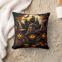 Spooky Halloween scarecrows with glowing pumpkins Throw Pillow