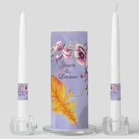 Quirky Flame Orange Feather with Pastel Flowers   Unity Candle Set