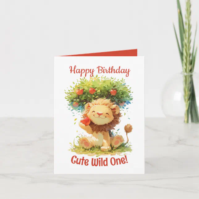 Cute Smiling Lion And Apple Tree Birthday Card