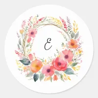 Floral Wreath Elegant Pretty Watercolor Monogram Classic Round Sticker