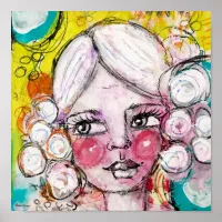 Whimsical Girl Mixed Media Painting Blue Yellow Poster