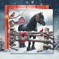 Festive Black Horse and Cardinal Christmas Holiday Card