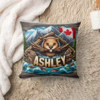 Canadian Beaver Holding Branches by Riverbank Throw Pillow