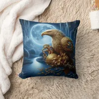 Majestic Eagle Perched by Moonlit River Throw Pillow