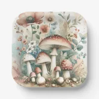 Watercolor Vintage Mushrooms and Flowers Wedding Paper Plates