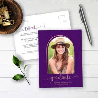 Modern Arch Purple Gold Photo Graduation Announcement Postcard