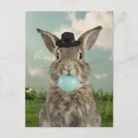 Adorable Rabbit in hat Chewing Blue Bubble Gum Postcard