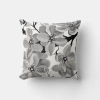 Sakura Japanese Cherry Tree Black and White  Throw Pillow