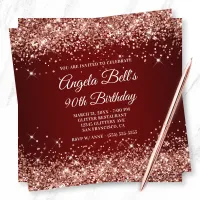 Sparkly Rose Gold Glitter Dark Red 90th Birthday Invitation