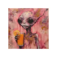 Pink Alien With An Orange Juice Wood Wall Art