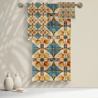 Geometric Moroccan Tile Pattern#1 Teal Gold ID1077 Bath Towel Set