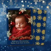 Gold Foil Snowflakes and Family Photo Personalized Foil Holiday Card