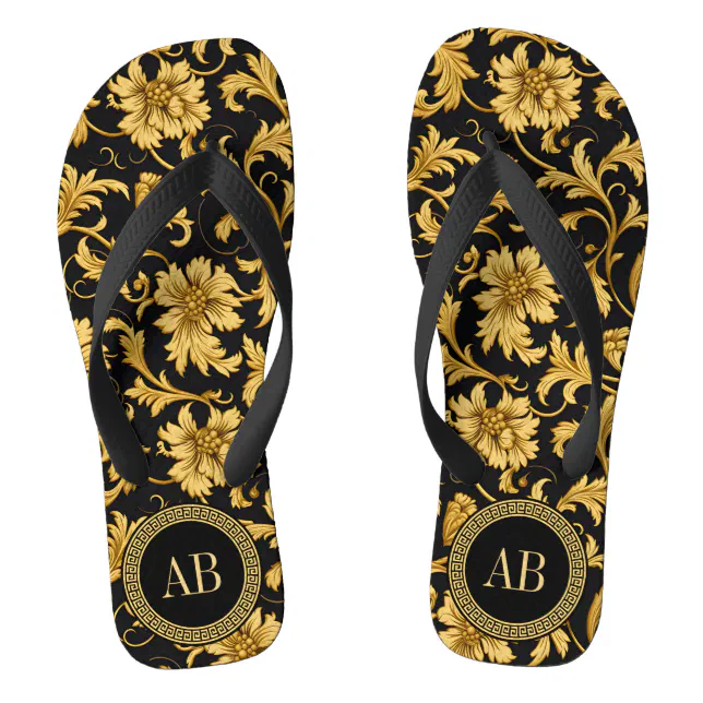 Monogram Black Gold Classy Elegant Pattern Flip Flops