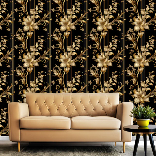 Black and Gold Classy Elegant Floral Pattern Wallpaper