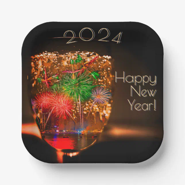 2024 wishes with fireworks and bubbles paper plates