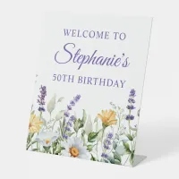 Purple Wildflowers Watercolor Border 50th Birthday Pedestal Sign