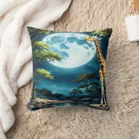 Giraffe Under Full Moonlight in Tranquil Landscape Throw Pillow