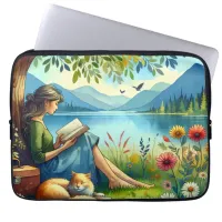 Girl Reading a Book under a Tree with a Sleepy Cat Laptop Sleeve